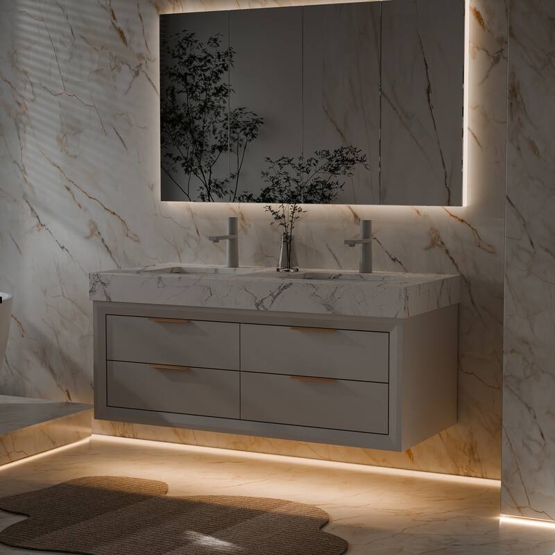Modland 48" Floating Double Sink Bathroom Vanity with White Stone Countertop, Soft-Close Drawers, LED Lighting