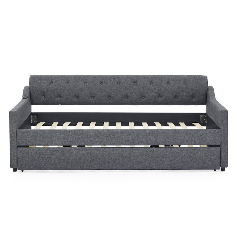 Twin Size Linen Upholstery DayBed with Twin Trundle and USB Charging