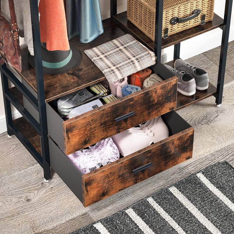 Heavy-Duty Garment Rack with 2 Drawers Shelves, Hanging Rod, Freestanding Closet Organizer, Large Open Wardrobe Closet
