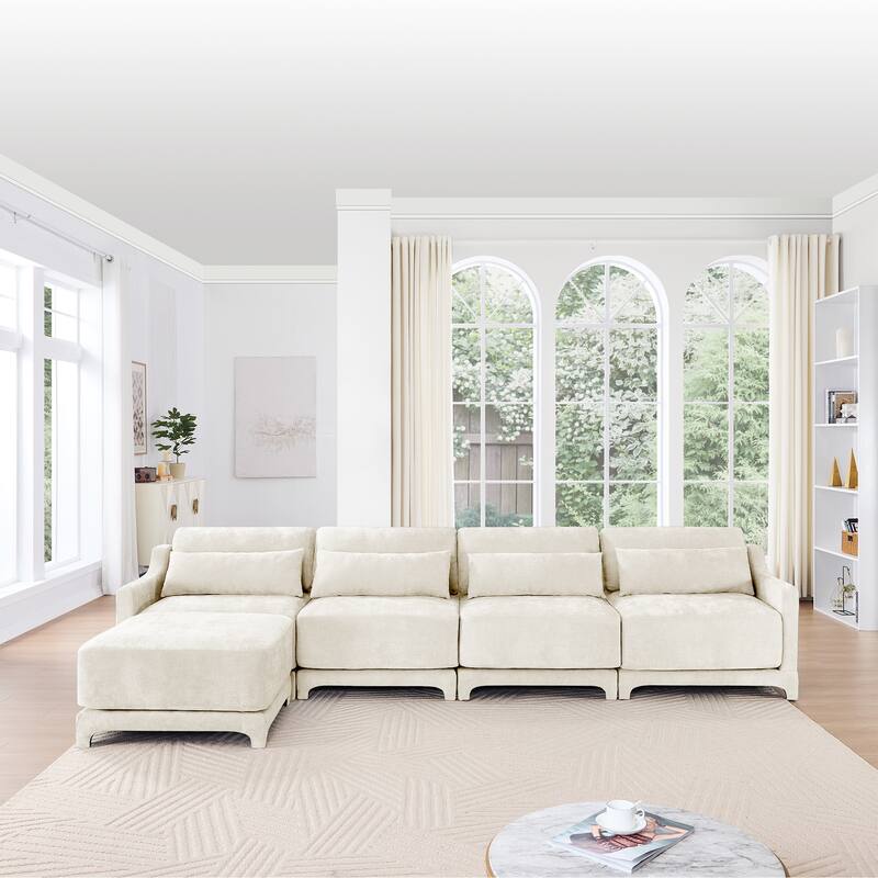 141.7" Chenille Modular 4-Seater Sofa with Ottoman & Ergonomic Wood Base
