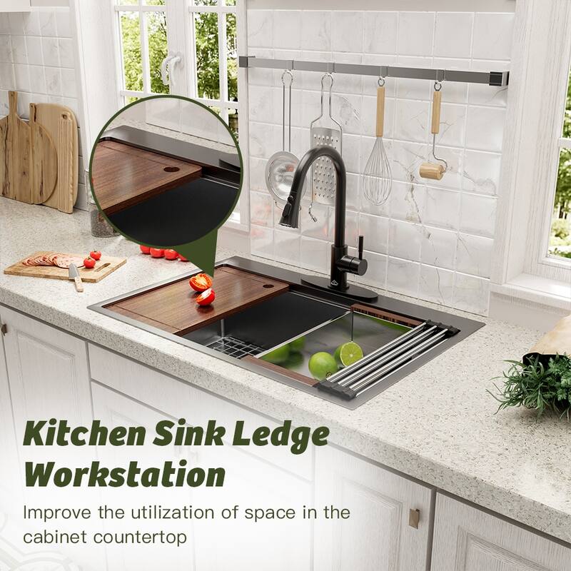 Drop-In Nano PVD Gunmetal Black Stainless Steel Workstation Kitchen Sink with 2-Function Pull-Down Kitchen Faucet & Accessories