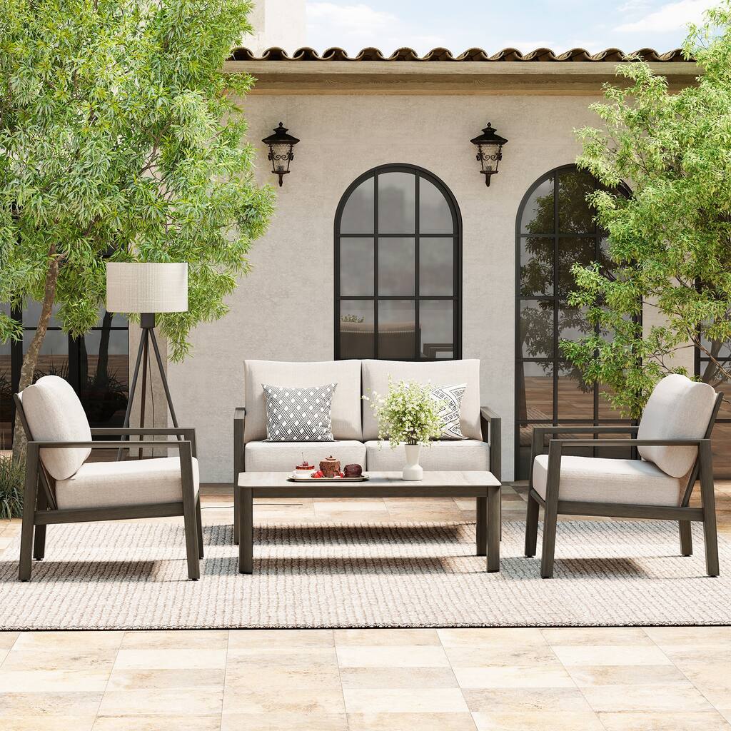 Nimbus 4-Piece Brown Aluminum Patio Conversation Set with Sunbrella Light Gray Cushions and Coffee Table