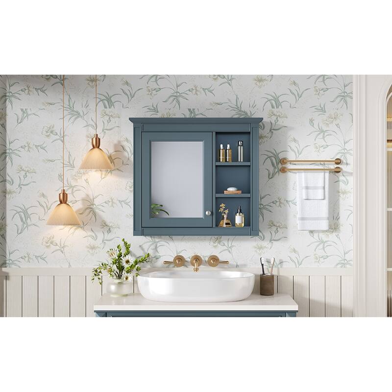 Roomfitters 30x28 Inch Medicine Cabinet, Wall Mounted Mirror Cabinet with 3 Open Shelves & Adjustable Interior Storage, Blue