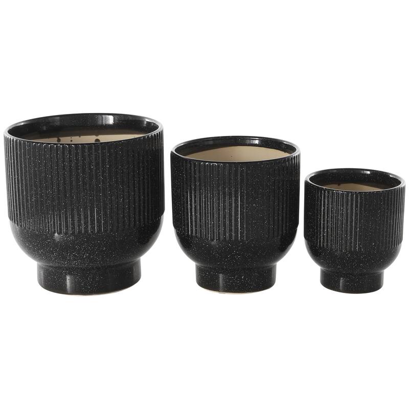 Ceramic Indoor Outdoor Planter with Linear Grooves and Tapered Bases - Set of 3 Black, Light Blue, White - Roche River Decor