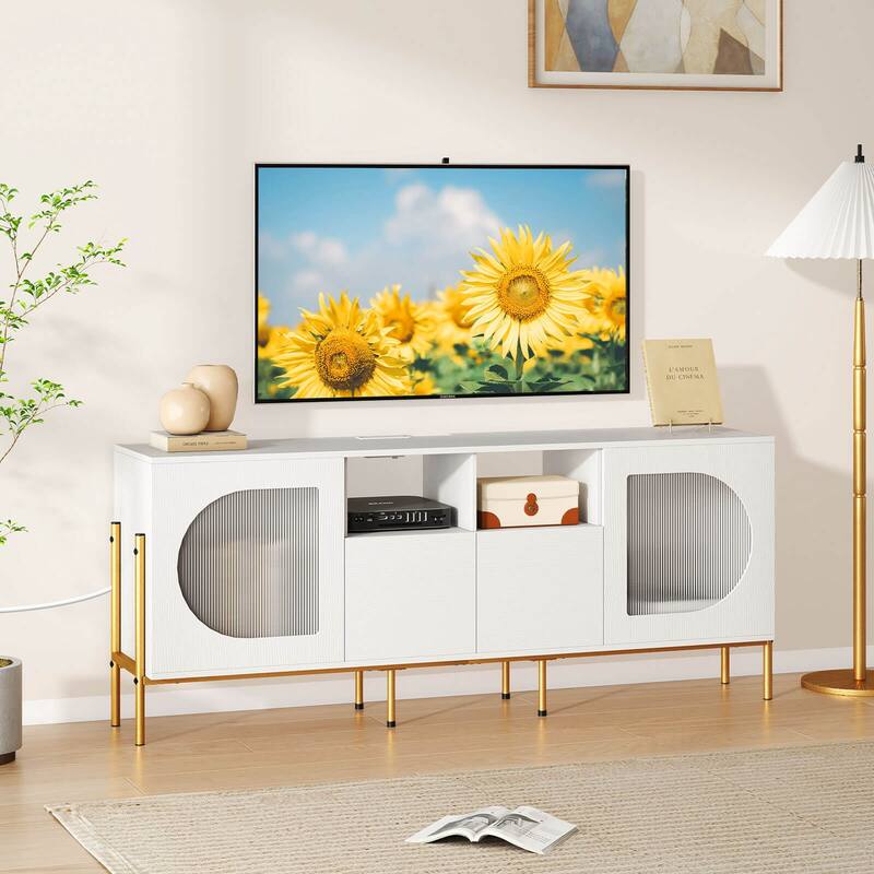 Costway TV Stand with Charging Station for 70” TVs, Fluted Doors & 2 - See Details