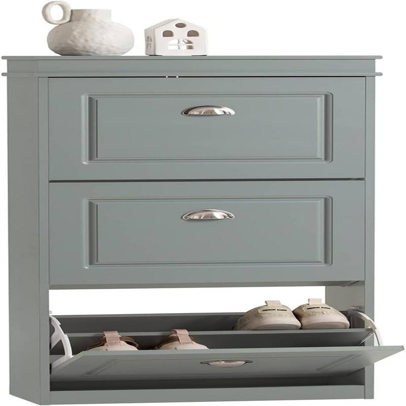 Black Shoe Cabinet with 3 Flip Drawers - Grey 3-Drawers - 9.4"D x 20.9"W x 46.1"H