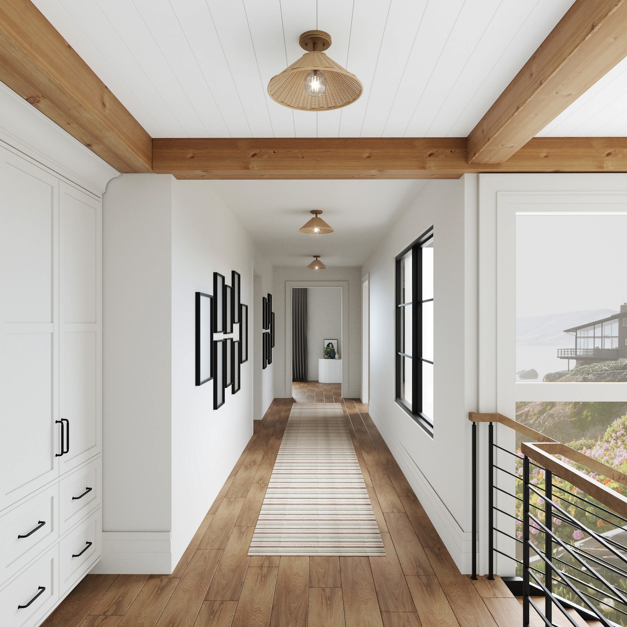 1-Light Semi Flush Mount Ceiling Light Fixture - 14" - Brushed Gold and Rattan