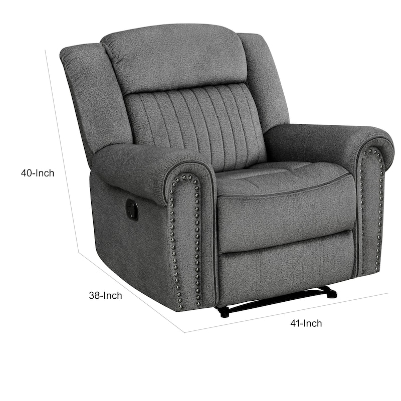 Ben 38 Inch Manual Recliner Chair, Gray Microfiber, Plush Foam, Solid Wood