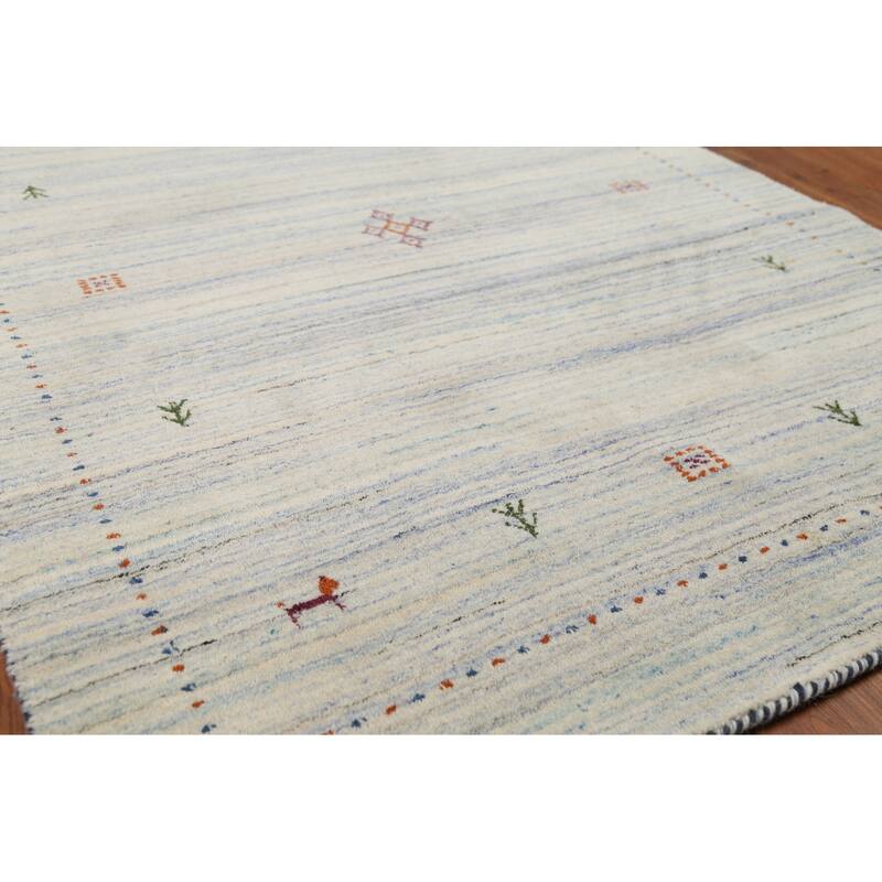 Ivory & Blue Striped Gabbeh Accent Rug Hand-Knotted Wool Carpet - 4'0"x 5'9"
