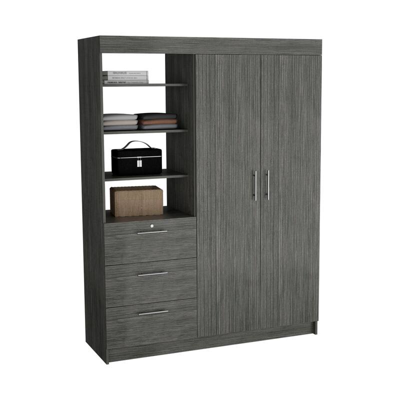 20.5" Modern Double-door Armoire with Three Large Drawers and 3-Tier Shelfs