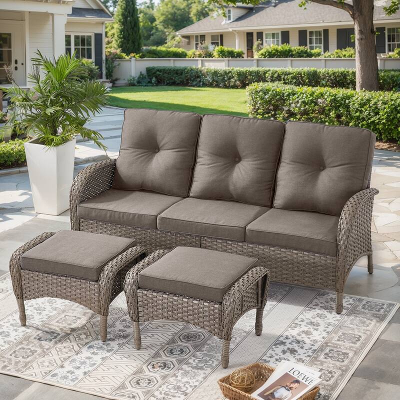 Outdoor Patio 3 Seats Sofa Couch with Ottomans - Grey - Grey