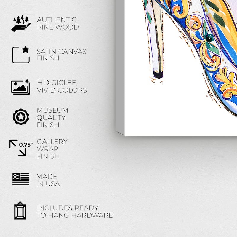 Wynwood Studio Canvas Fashion and Glam Adorned Shoe I Yellow and Dark Yellow Glam Wall Art Canvas Print