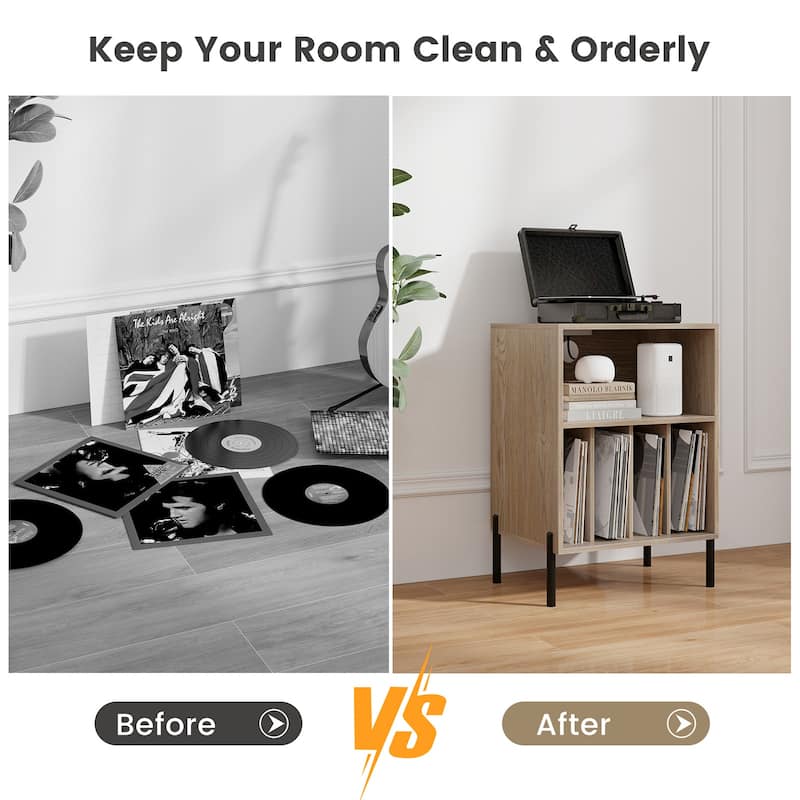 Gymax Record Player Stand w/Charging Station 5 Storage Compartments