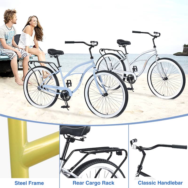 26 Inch Wide Wheels Bike, Comfort Single Speed Bicycleswith Rear Coaster Brakes, Steel Frame Beach Cruiser Bike for Teens, Kids