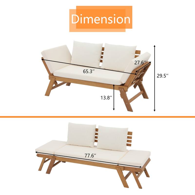 78" Outdoor Acacia Wood Expandable Daybed with Cushions Patio benches and Pool loungers