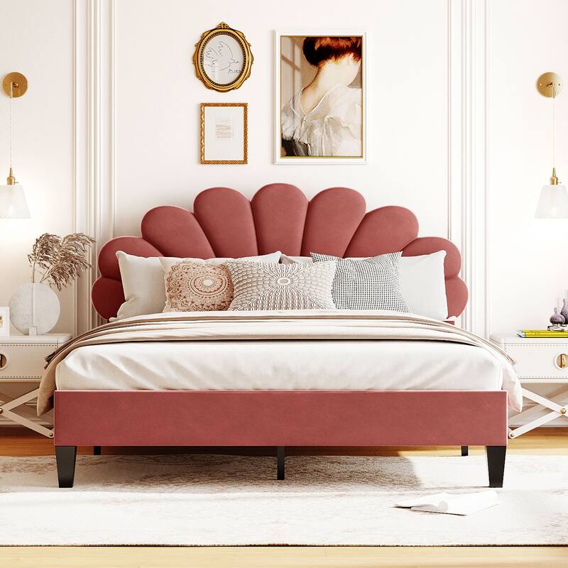 Modern Queen Size Platform Bed, Velvet Upholstered Bed Frame with Flower Pattern Headboard and Solid Wood Slats Support