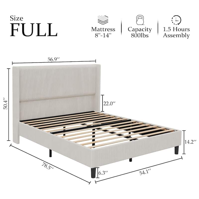 Upholstered Corduroy Bed Frame, Bed Frame with Wingback Headboard