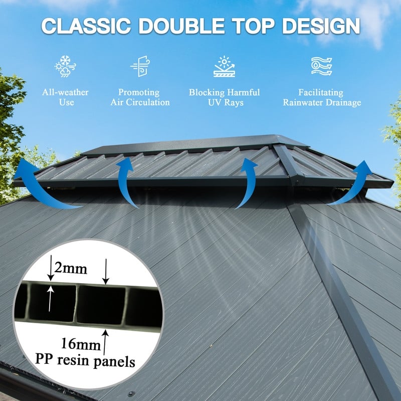 Domi 10x14FT Resin Hardtop Gazebo with Drainage Gutter, 2025 Upgraded Outdoor Metal Gazebo Canopy with Double Roof