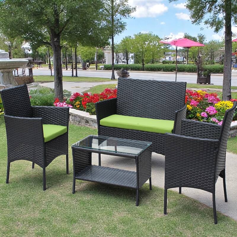 Outdoor Wicker Patio Furniture Set with Loveseat, Armchairs, and Table -Outdoor Patio Cushioned Seat Wicker Sofa