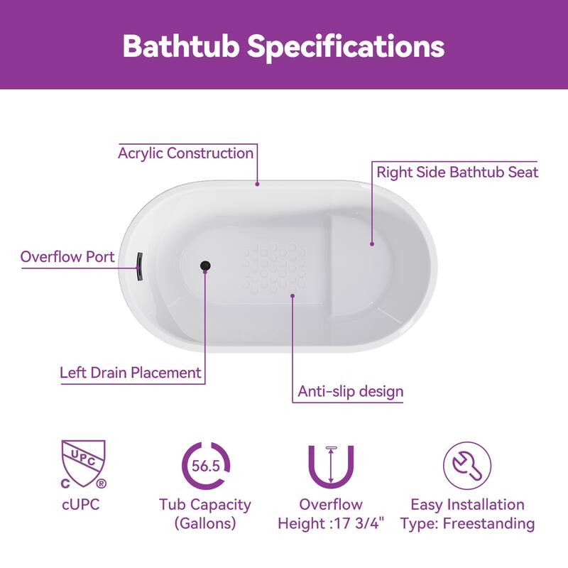 HOROW 47 x 26.8 Inch Soaking Bathtub with Side Drain White with Matte Black Trim