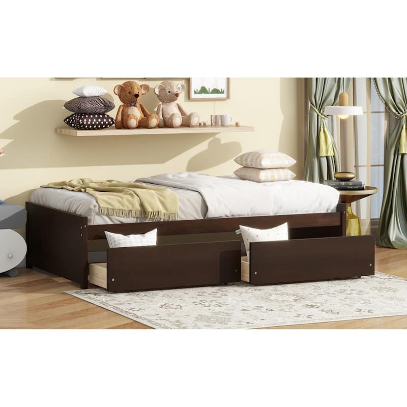 Roomfitters Twin Rubber Wood Bed Frame with Two Pull-Out Storage Units, Low Profile Platform Design