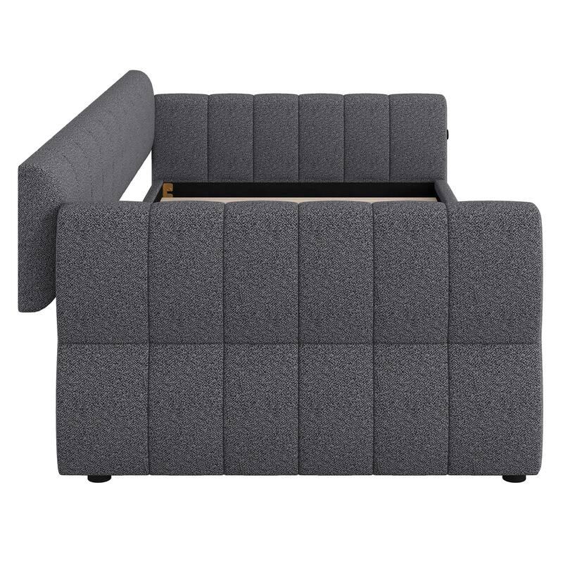 Queen Size Upholstered Daybed with USB and Optional Platform Storage Bed with 2 Drawers or Low Profile Sofa Bed with Trundle Bed