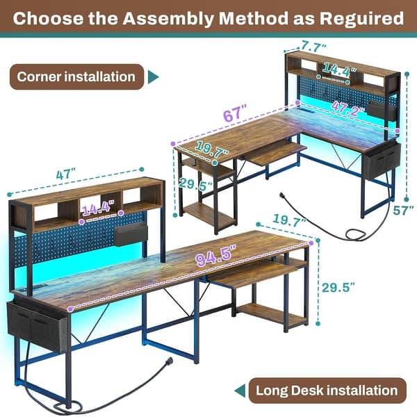 dimension image slide 7 of 8, L Shaped Gaming Desk Computer Desk Corner Desk Pegboard Power Outlet