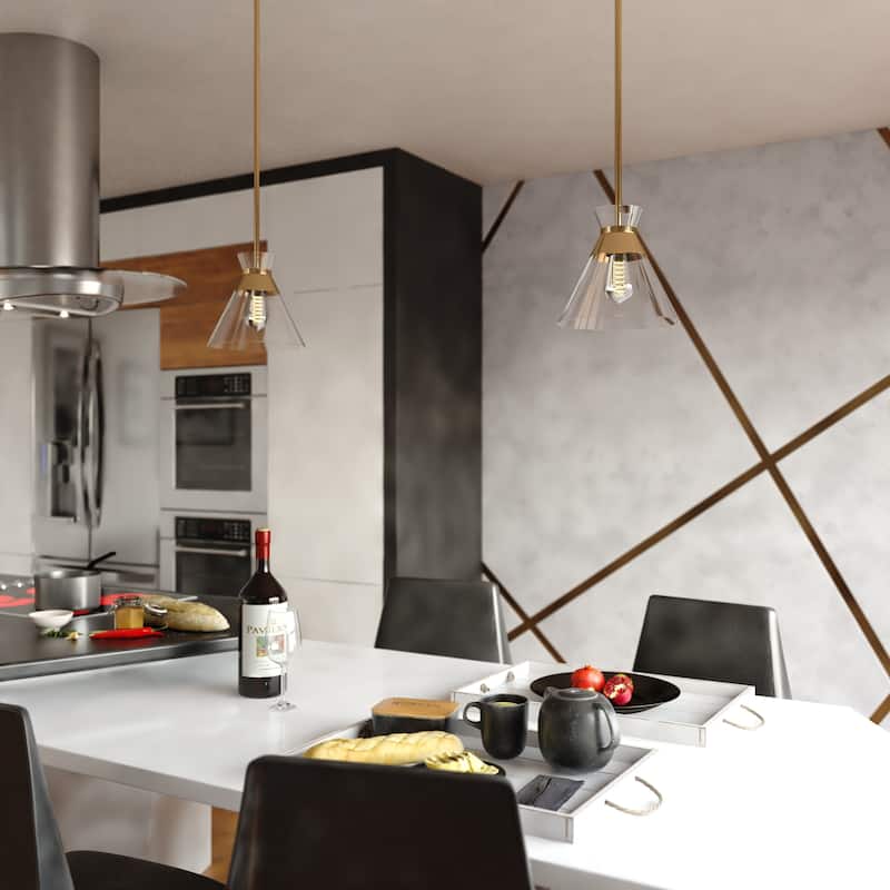 VAXCEL Harper 1-Light 8.5 in. Wide Natural Brass Gold Mid-Century Modern Mini Pendant with Clear Glass Cone Shade