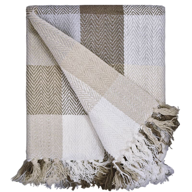 Fabstyles Herringbone Checkered Cotton Throw Blanket with Fringes