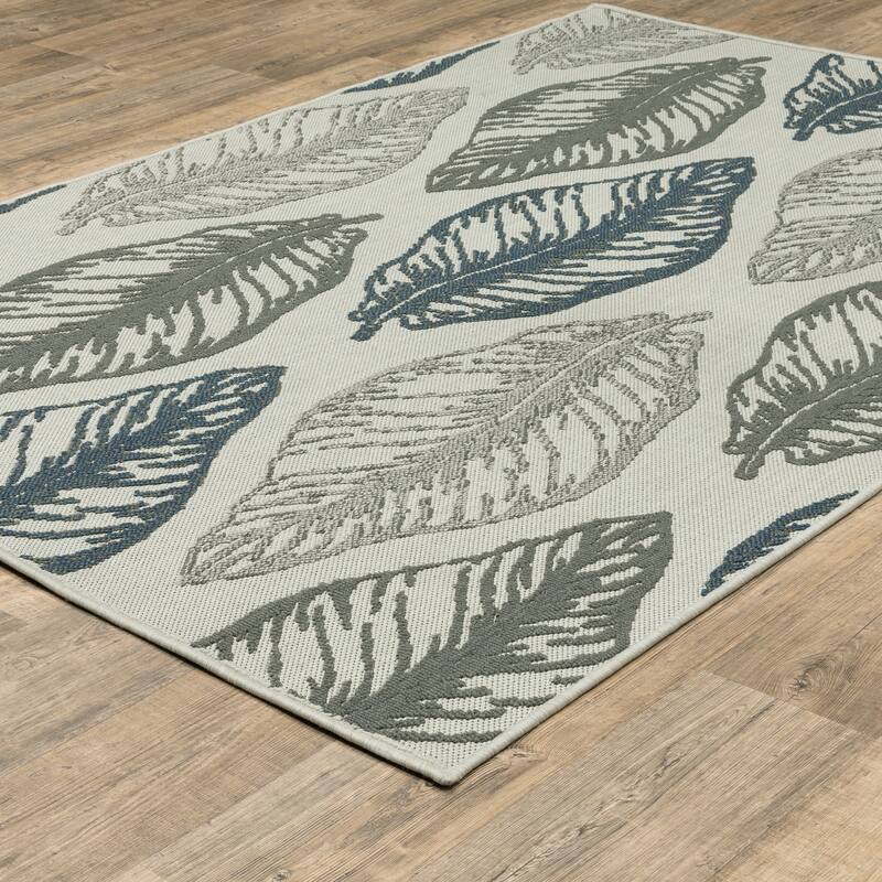 Vista Home Talcot Tropical Leaf Grey/Teal Indoor-Outdoor Area Rug
