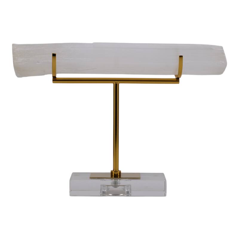 Selenite Stone Log Statuary with Metal Accents and Acrylic Base