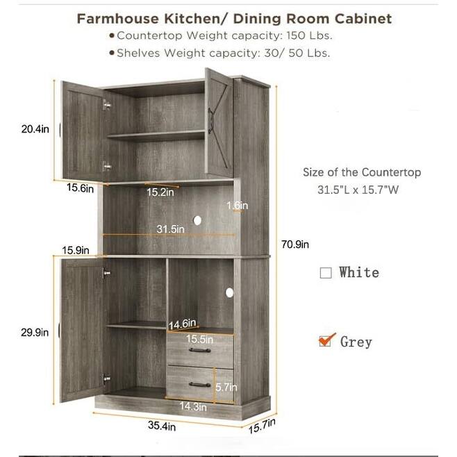 Pantry Cabinet with 2 Drawers and Open Shelves, Tall Freestanding Kitchen Pantry Cabinet with Microwave Shelf