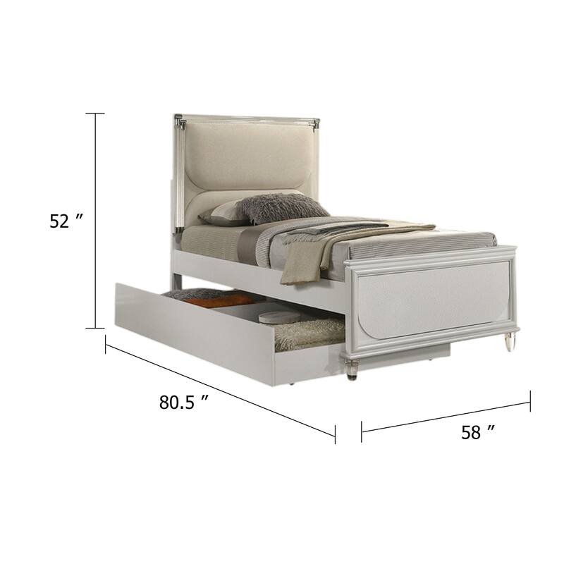 Dima Full Bed, Upholstered Headboard w LED, Pearl White, Clear Legs