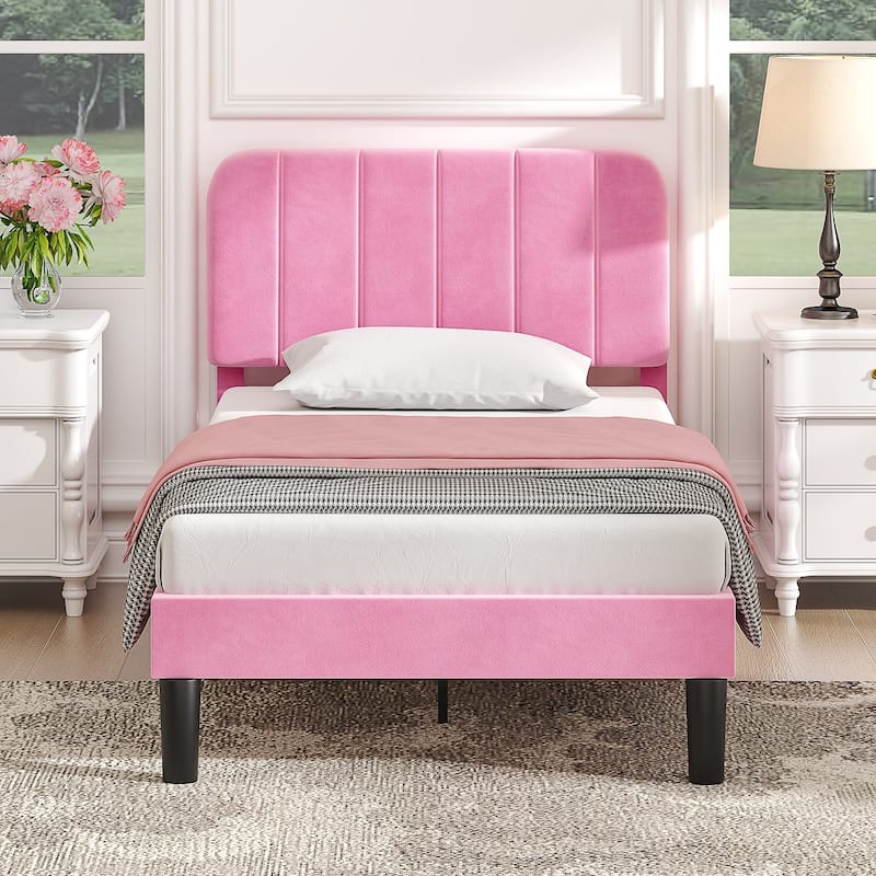 VECELO Velvet Upholstered Bed Frame with Vertical Channel Tufted Headboard, Adjustable Headboard, Wooden Slats Support - Pink - Twin