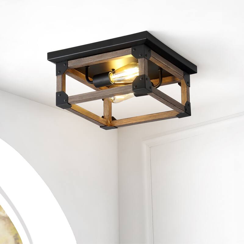 Frisco 13" 2-Light Iron Rustic Farmhouse LED Flush Mount, Brown/Black by JONATHAN Y