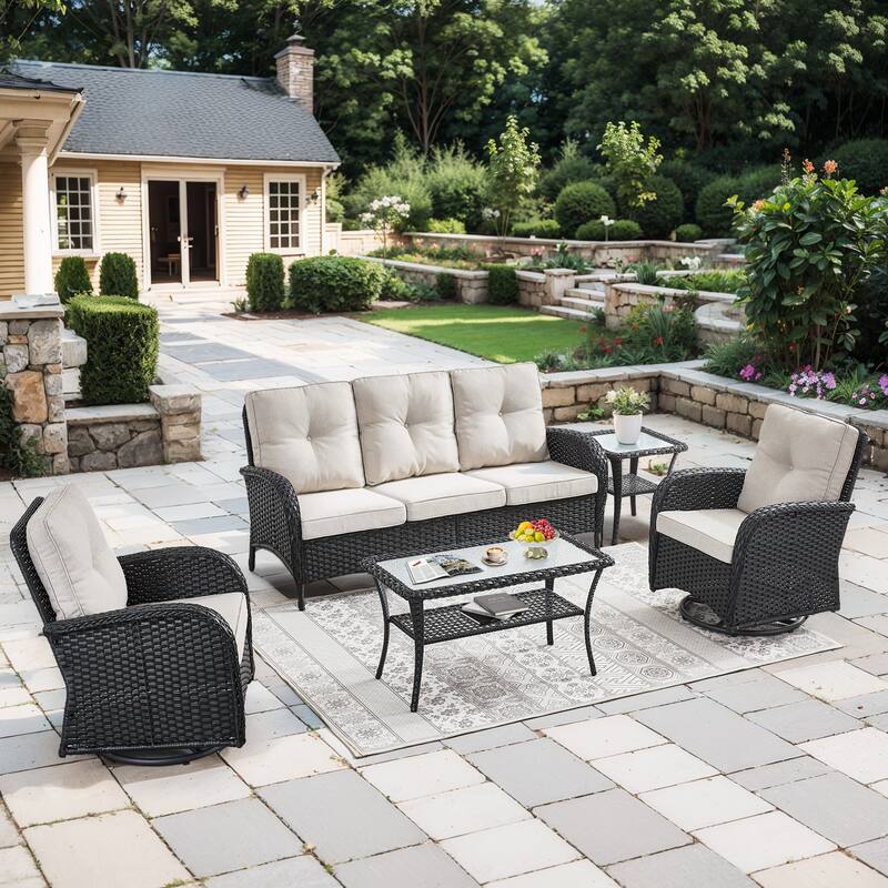 Pocassy Patio Outdoor Sofa Swivel Chairs with Ottman Table Set - Black Wicker Beige Cushion - 5-Piece Sofa Swivel Chiar with Table