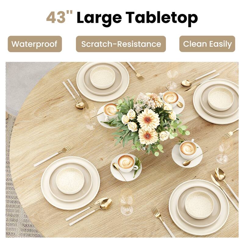 43" Round Dining Table for 4 People, Small Kitchen Dining Table with Wood Top and Sturdy Metal Pedestal Base