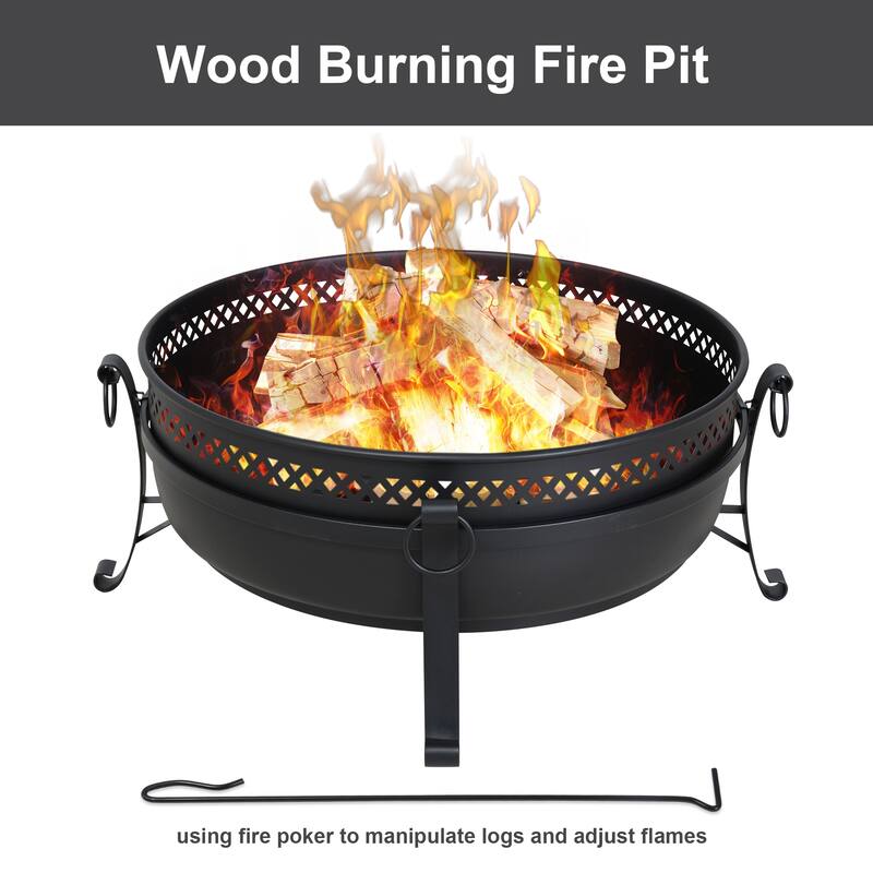 Black Cross Weave Large Round Steel Wood Burning Fire Pit with Spark Screen