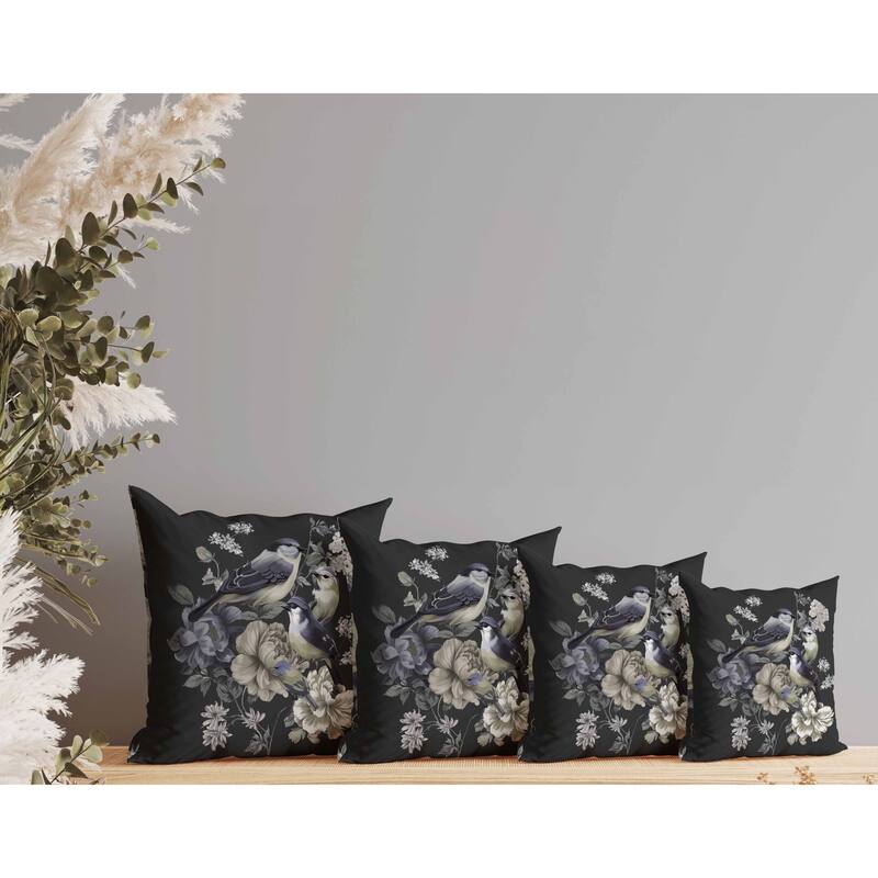 Petal Perched Birds Faux Suede Reversible Throw Pillow Black and Grey