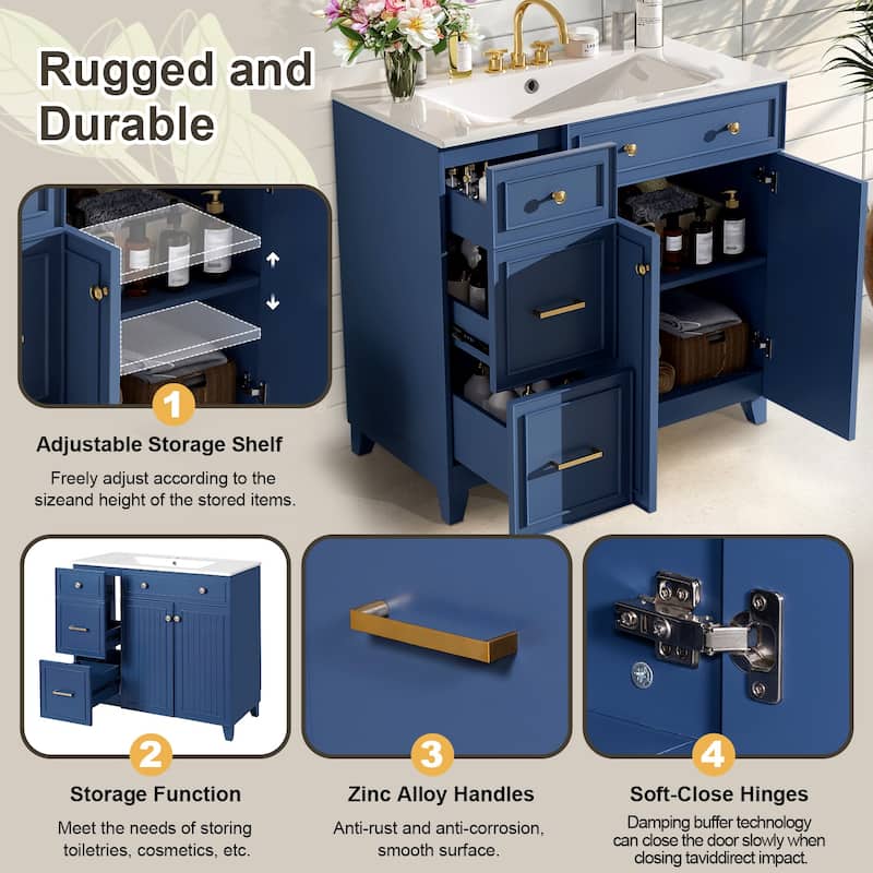 36" Bathroom Vanity with Ceramic Sink,Standard and Double-Layer Drawers