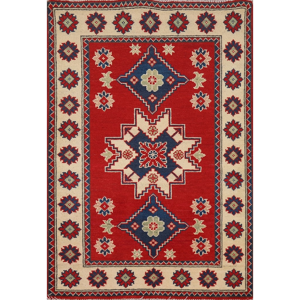 Red Kazak Foyer Rug Handmade Geometric Accent Wool Carpet - 2'8"x 3'9"