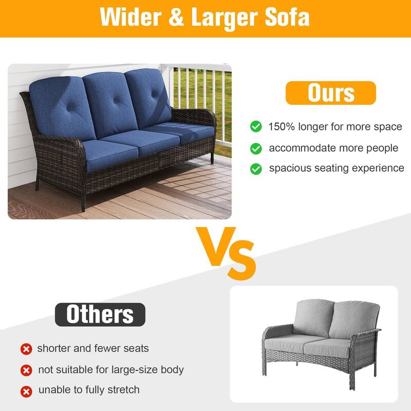 7 Pieces Patio Furniture Set with Swivel Rocking Chair, Coffee Table, Side Table for Backyard, Garden, Navy Blue/Beige/Orange