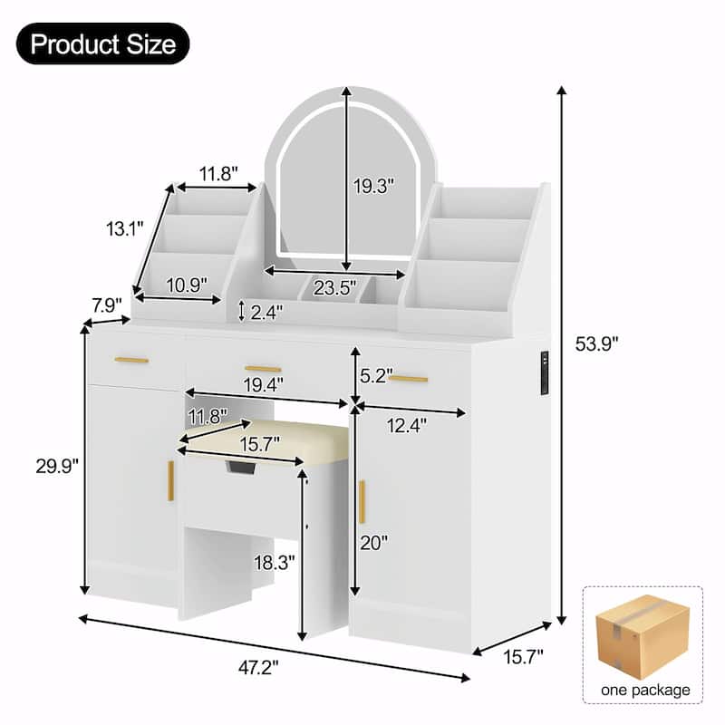 47.2" Makeup Vanity with Mirror & Light - Vanity Desk with Cushioned Storage Stool