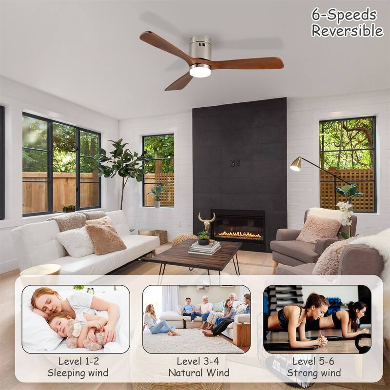 52" Ceiling Fan with Light and Remote Control, 6-speed Reversible DC Motor