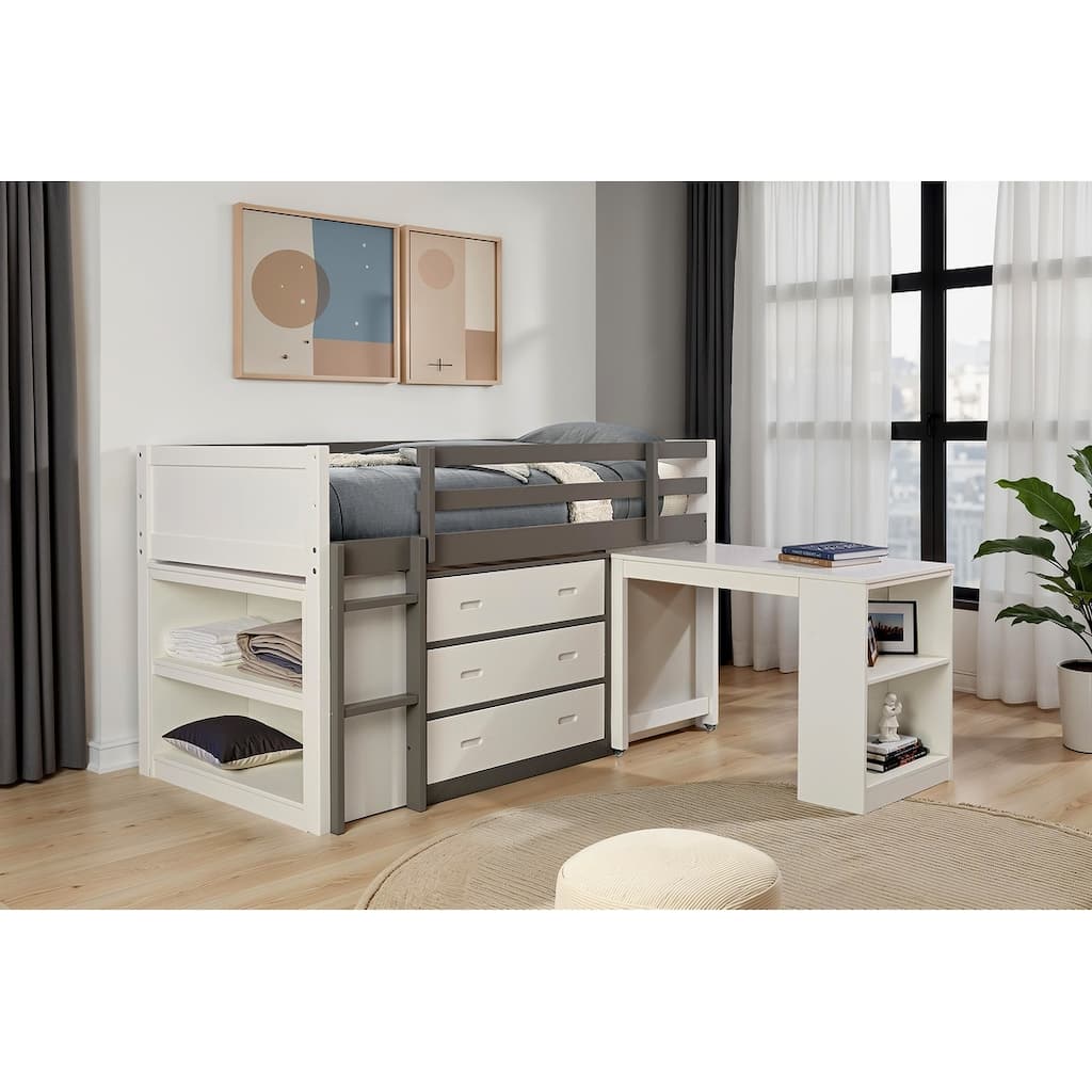 Modern Twin Bunk Bed with Open Shelves, Nesting Desk, and 3 Drawers in White and Gray