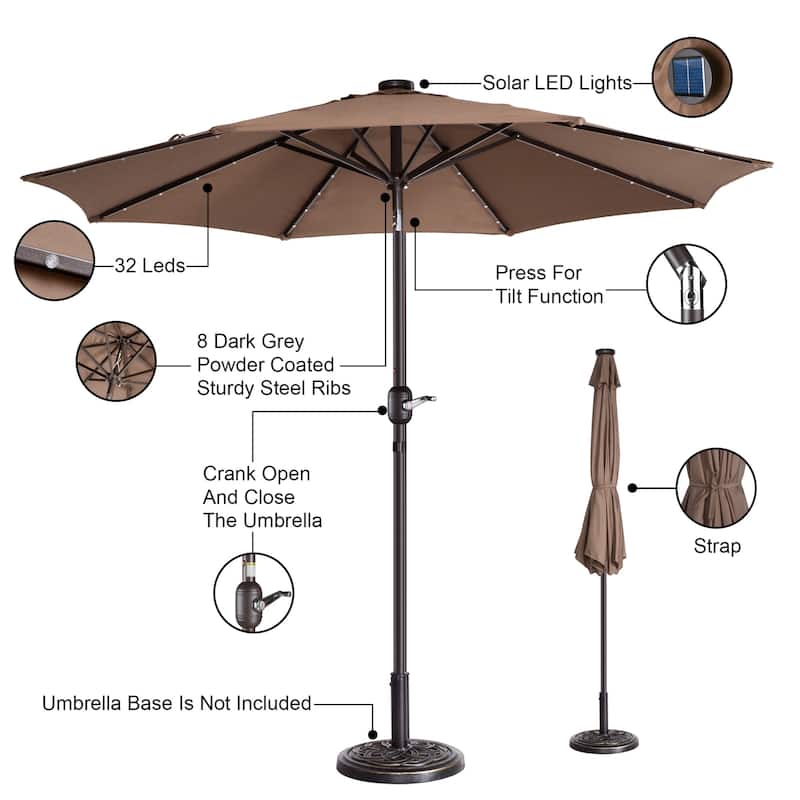 Villacera 9' Solar/LED Umbrella with 8 Steel Ribs and Tilt, Base Not Included