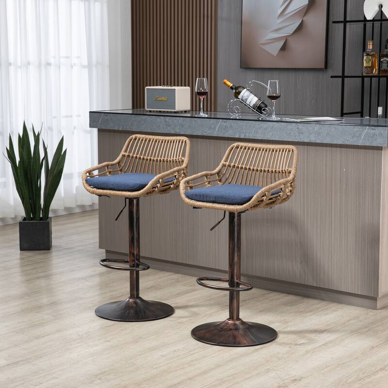 360° Swivel Bar Stools Set of 2, Adjustable Counter Height Chairs with Footrest, Rattan Bar Chairs with Cushions