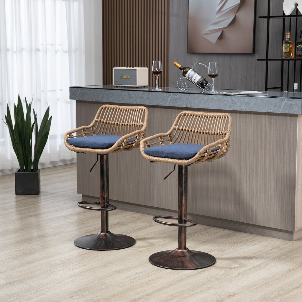 Blue Modern Swivel Adjustable Bar Stools Upholstered Breakfast Stools Set Of 2 for Kitchen Dining Room Coffee House