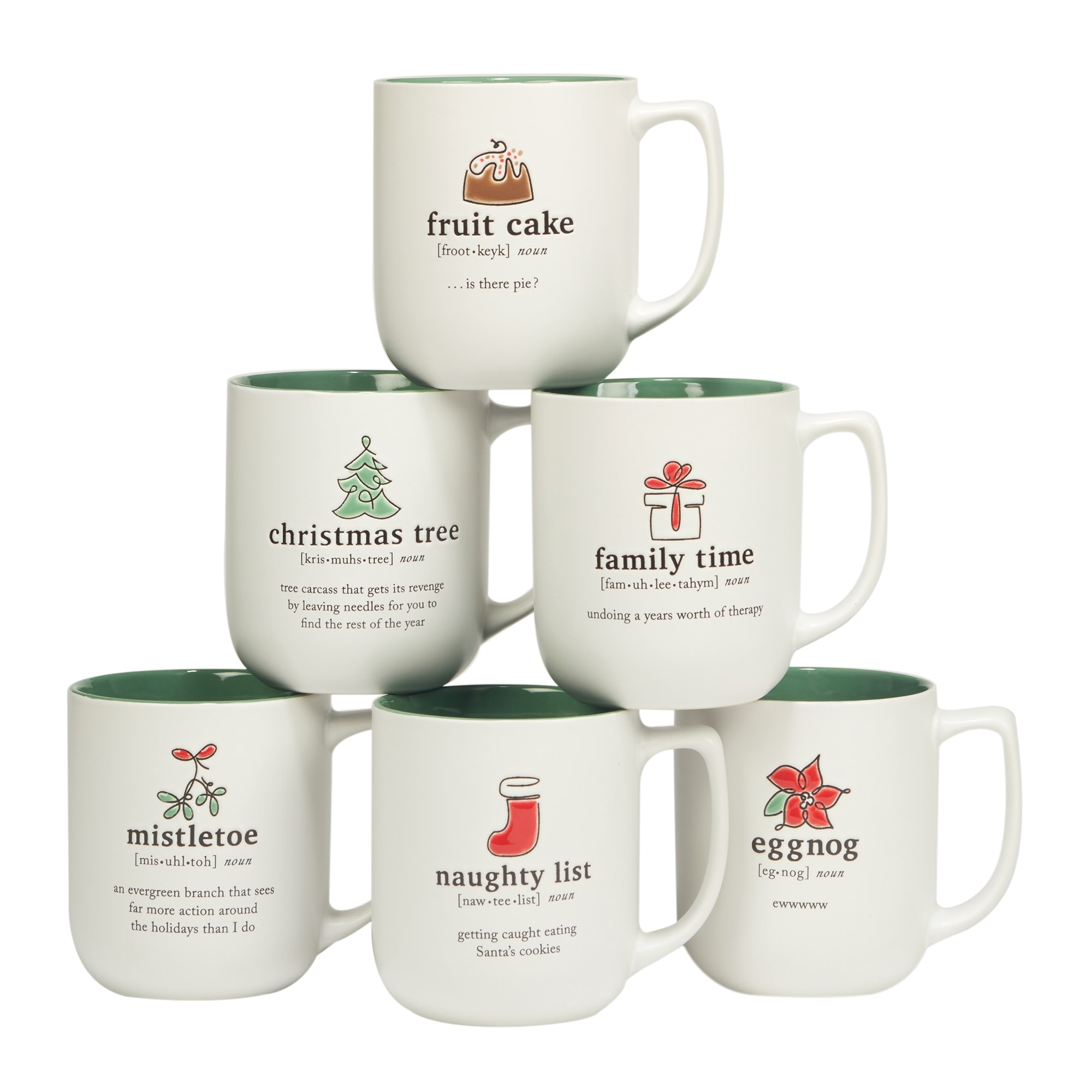 Certified International Christmas Fun Green Sayings 16 oz. Mugs, Set of 6 Assorted Designs