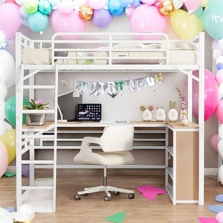 Full Size Metal Loft Bed with 3 Layers of Shelves and L-shaped Desk for Home